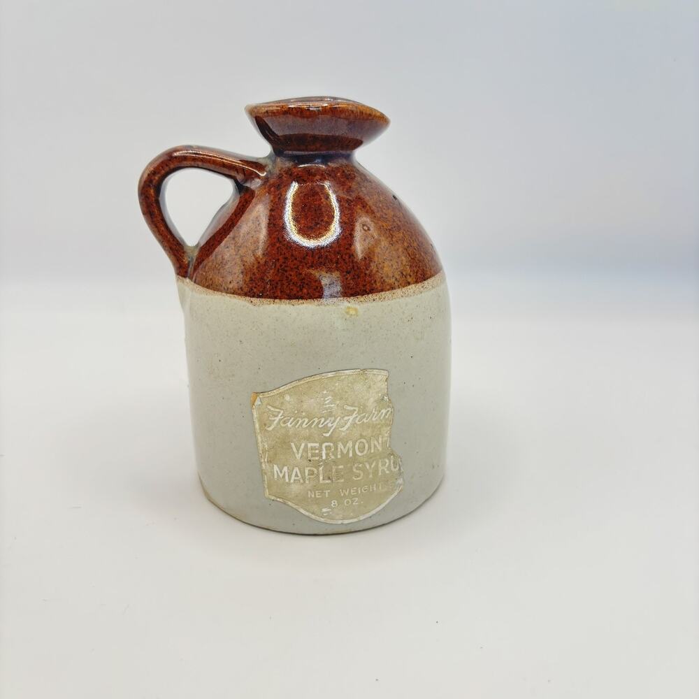 Vermont Maple Orchards 4 1/4" Tall Jug Brown Tan Burlington Vermont Vintage
